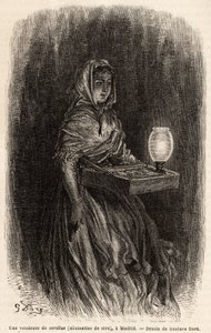 En selger av voks fyrstikker, sketch på live i puerta del sol, i Madrid. Gravering av Gustave Dore (1832-1883) for å illustrere hans reise til Spania, med Ch. Davillier (redaktør), i 1862, publisert i "" Le tour du monde""" 1869, redigert av Edouard Charto av Gustave Dore