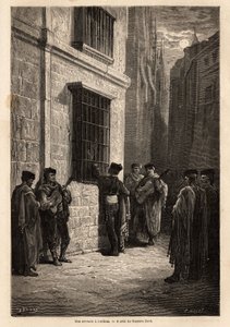 En serenade i måneskinnet, i Cordobas gater, snakker elskeren, med gitar i hånden, lav stemme til sin forlovede gjennom et nettingvindu, resiterer dikt eller synger en sang for ham. Tegning av Gustave Dore (1832-1883). Gravering for å illustrere v av Gustave Dore