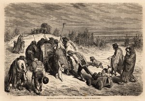 En gruppe tiggere og bevegelseshemmede, en veritabel domstol for mirakler, er på vei til en flid for å be om almon i nærheten av Almuradiel (Mancha-provinsen). Tegning av Gustave Dore (1832-1883). Gravering for å illustrere reisen i Spania, i 1862 av Charl av Gustave Dore