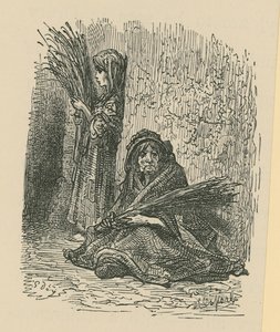 En kvinne og en ung jente som selger tørre blomster av Gustave Dore