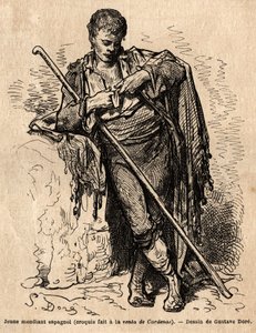 En ung tigger, a la vente de Cardenas, et vertshus på veien til Almaden (provinsen Kanalen). Skisse tatt live av Gustave Dore (1832-1883). Gravering for å illustrere reisen i Spania, i 1862 av Charles Davillier og Gustave Dore, i "Le tour d av Gustave Dore