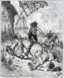 Etter angrepet gir vindmøllene - "" Misericorde! "" Sancho - fra "" Don Quixote de la Mancha"" av Miguel Cervantes (1547-1616) (Don Quixote) - Tresnitt etter tegning av Gustave Dore av Gustave Dore