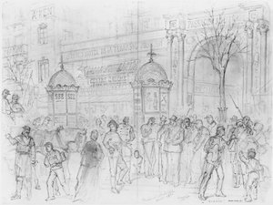 Album of the Siege of Paris, Boulevard Montmartre, januar 1871 (penn og brun blekkvask og blyant på papir) av Gustave Dore