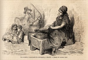 En utendørs kastanjehandler, med sin bærbare ovn, skisserer det levende i puerta del sol, i Madrid. Gravering av Gustave Dore (1832-1883) for å illustrere hans reise til Spania, med Ch. Davillier (redaktør), i 1862, publisert i "" Le tour du monde""" 18 av Gustave Dore