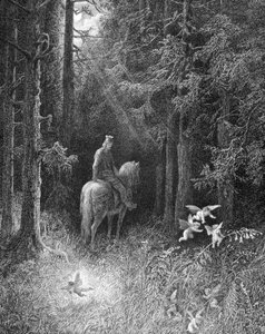 Da han krysset de mørke skogene, så han selv tre ånder gale av glede hoppe til siden av veien på en stor blomst (en ridder av det runde bordet møter de tre åndene i skogen Brocéliande) - i "" Junièvre"" av Alfred Tennyson, ill. av Gu av Gustave Dore