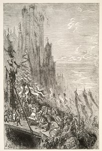 At the City of the Countess of the Fountain, fra Stories of the Days of King Arthur av Charles Henry Hanson, pub.1898 av Gustave Dore