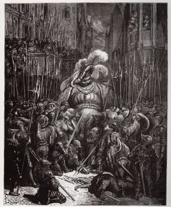Ved starten av lyden takket elskverdig alle sveiserne i legionene hans - illustrasjon fra 'Gargantua og Pantagruel', av Francois Rabelais - gravering av Gustave Dore (1832-1883) av Gustave Dore