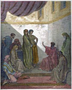 Dåp av høvedsmannen Cornelius - høvedsmannen Cornelius mottar troen på Jesus Kristus, og blir døpt av St. Peter. - Gravering i "The Bible illustree" av Gustave Dore (1832-1883) - Gravering fra "" The Dore Bible"" av Gustave Dore