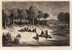 Battle of Oranges av Carcagente, tegning av Gustave Dore (1832-1883), for å illustrere hans reise til Spania med C.Davillier, i 1862. Gravering i "" Le tour du monde", redigert av Edouard Charton av Gustave Dore