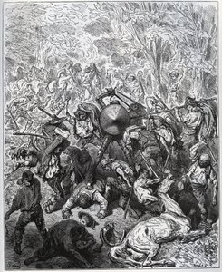 Kamp med muldyrmakere - Yangois brukte køllene sine - fra "Don Quixote de la Mancha" av Miguel Cervantes (1547-1616) (Don Quixote) - Tresnitt etter tegning av Gustave Dore av Gustave Dore