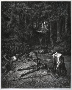 Bivouac in the forest - Convived by the beauty of the place, they resolved to spend the hours of nap there - from “” Don Quixote de la Mancha”” by Miguel Cervantes (1547-1616) (Don Quixote) - Woodcut after drawing by Gustave Dore av Gustave Dore