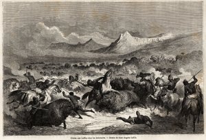 Bøffeljakt blant Delawares, indianere som bor ved bredden av elven med samme navn, tegning av Gustave dore (1832-1883), for å illustrere reisen til Mississippi til Stillehavet i 1853-54 av Baudouin Mollhausen (1825- 1905). Engravi av Gustave Dore