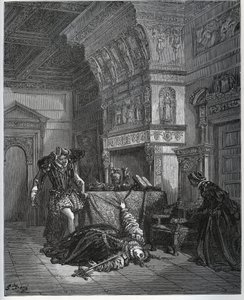 Camille finter selvmord foran Lothaire og Leonella - fra «Don Quixote de la Mancha» av Miguel Cervantes (1547-1616) (Don Quixote) - Tresnitt etter tegning av Gustave Dore av Gustave Dore