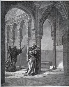 Fangehistorie. Første møte av fangen med Zoraide i hagen til faren hennes - fra "Don Quixote de la Mancha"" av Miguel Cervantes (1547-1616) (Don Quixote) - Tresnitt etter tegning av Gustave Dore av Gustave Dore
