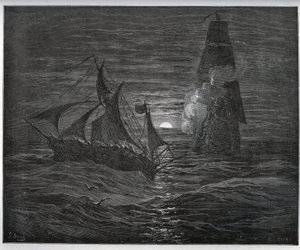 Fangehistorie. Den spanske rømningsbåten blir angrepet av et fransk skip fra "" Don Quixote de la Mancha"" av Miguel Cervantes (1547-1616) (Don Quixote) - Tresnitt etter tegning av Gustave Dore av Gustave Dore