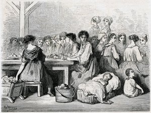 Sigarrera fra Sevilla. Produksjon av sigarer, arbeidere, tobakk. Tegning av Gustave Dore som illustrerer «Voyage en Espagne» av Charles Davillier av Gustave Dore