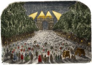 Folkemengder som beundrer den elektriske belysningen av Triumfbuen og Champs Elysees (Champs-Elysees) i Paris 26. og 27. oktober av Gustave Dore