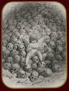 ""Amor bevæpnet med en pistol som sitter på et fjell av hodeskaller"" (Amor med en pistol på toppen av et skallefjell) Blekk og tegning av Gustave Dore (1832-1883) Privat samling av Gustave Dore