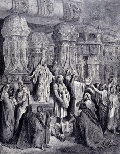 Kyros II den store (580 f.Kr. - 530 f.Kr.) frigjorde de fangede folkene ved hans ankomst til Babylon i 539 f.Kr. og returnerte til det jødiske folk de hellige karene som var blitt tatt som bytte i Jerusalems tempel. Gravering av Gustave Doré. av Gustave Dore