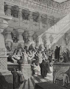 Daniel tolker skriften på veggen, Daniel 5:25-28, illustrasjon fra Dores 'The Holy Bible', gravert av Ligny, 1866 av Gustave Dore