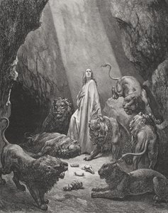 Daniel i løvene, Daniel 6:16-17, illustrasjon fra Dores 