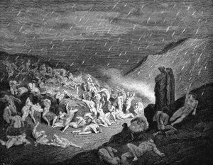 Dante Alighieri Inferno, første del av hans Divina Commedia (Den guddommelige komedie) 1863. Canto XIV: Tredje avdeling av den syvende sirkelen hvor tre typer vold ble straffet: mot Gud, mot naturen og mot kunsten. «Uopphørlig var leken til elendige hender av Gustave Dore