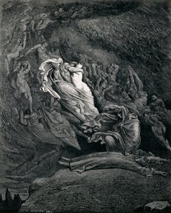 Dante og Virgil med Paolo og Francesca, Illustrasjon til Inferno, Canto V of Divine Comedy, av Dante Alighieri (1265-1321), av Gustave Dore (1832-1883) av Gustave Dore
