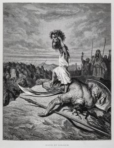 David dreper Goliat, illustrasjon fra Dore-bibelen av Gustave Dore