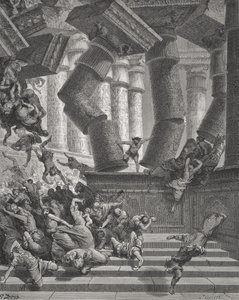 Death of Samson, Dommernes 26:28-30, illustrasjon fra Dores 