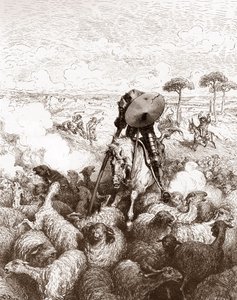 Don Quixot angriper saueflokken Gravering av Gustave Dore (1832-1883) for "The Ingenieux Hidalgo Don Quixote de la Mancha (Quixotte - Quixote)" av Miguel de Cervantes (1547-1616) 1863 Privat samling av Gustave Dore