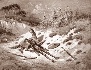 Don Quijote Etter å ha blitt slått, ber Quijote etter sin ideelle dame Dulcinea del Toboso Gravering av Gustave Dore (1832-1883) for "The Ingenieux Hidalgo Don Quijote de la Mancha (Quixotte - Quijote)" av Miguel av Cervantes (1547-16316) 1863 Pr av Gustave Dore