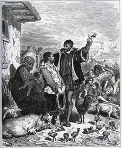 Don Quijote overtaler sin nabo Sancho Panza til å være hans ecuyer - fra «Don Quixote de la Mancha»» av Miguel Cervantes av Gustave Dore