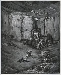 Don Quixote and Sancho Panza discover what caused their concern, a waterfall and a mill a foulon - from “Don Quixote de la Mancha” by Miguel Cervantes (1547-1616) (Don Quixote) - Woodcut after drawing by Gustave Dore av Gustave Dore