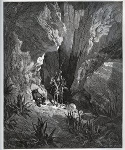 Don Quixote og Sancho Panza finner tingene til en reisende - fra "Don Quixote de la Mancha"" av Miguel Cervantes (1547-1616) (Don Quixote) - Tresnitt etter tegning av Gustave Dore av Gustave Dore