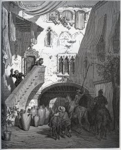 Don Quixote og Sancho Panza, invitert av Don Diego de Miranda hjemme, blir ønsket velkommen av herrens kone og sønn - fra "Don Quixote de la Mancha" av Miguel Cervantes (1547-1616) (Don Quixote) - Tresnitt etter tegning av Gustave Dore av Gustave Dore