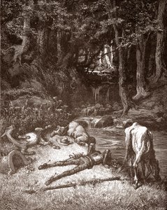 Don Quixote og Sancho Panza forfrisker dem ved en bekk Gravering av Gustave Dore (1832-1883) for "L'Ingenieux Hidalgo Don Quixote de la Manche (Quixotte - Quijote)" av Miguel de Cervantes (1547-1616) 1863 Privat samling av Gustave Dore
