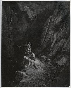 Don Quixote og Sancho Panza synker ned i Sierra Morena - fra "Don Quixote de la Mancha" av Miguel Cervantes (1547-1616) (Don Quixote) - Tresnitt etter tegning av Gustave Dore av Gustave Dore