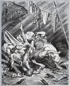 Don Quijote og en muldyrmaker kjemper for Maritornes, husholdersken, som Don Quijote tar for sin Dulcinee - fra "Don Quixote de la Mancha" av Miguel Cervantes (1547-1616) (Don Quixote) - Tresnitt etter tegning av Gustave Dore av Gustave Dore