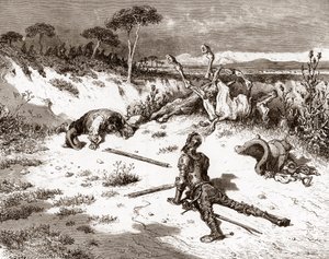 Don Quixote og sancho Panza etter slagsmålet med vaktene og forbryterne Gravering av Gustave Dore (1832-1883) for "L'Ingenieux Hidalgo Don Quixote de la Mancha (Quixotte - Quijote)" av Miguel de Cervantes (1547-1616) 1863 Privat samling av Gustave Dore