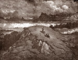 Don Quixote og sancho Panza nærmer sierra morena Gravering av Gustave Dore (1832-1883) for "L'Ingenieux Hidalgo Don Quixote de la Manche (Quixotte - Quixote)" av Miguel de Cervantes (1547-1616) 1863 Privat samling av Gustave Dore
