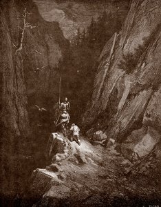 Don Quijote og Sancho Panza i hjertet av Sierra Morena Gravering av Gustave Dore (1832-1883) for "The Genious Noble Don Quijote of the Manche (Quixote - Quixote)" av Miguel de Cervantes (1547-1616) 1863 Privat samling av Gustave Dore