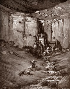 Don Quixote og sancho Panza ser en foss og støyende hover (Don Quixote og sancho Panza ser en foss og støyende hover) Gravering av Gustave Dore (1832-1883) for "The Ingenieux Hidalgo Don Quixote de la Mancha (Quixotte - Quijote)" av Miguel de Cer av Gustave Dore