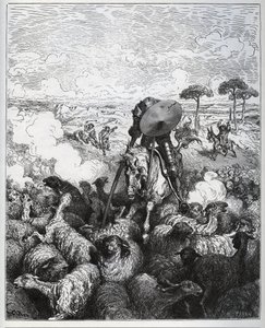 Don Quixote attacks a herd of sheep, believing he was dealing with the army of Alibanfaron of Taprobana - from “Don Quixote de la Mancha” by Miguel Cervantes (1547-1616) (Don Quixote) - Woodcut after drawing by Gustave Dore av Gustave Dore