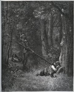 Don Quixote awakening Sancho Panza - fra "Don Quixote de la Mancha" av Miguel Cervantes av Gustave Dore