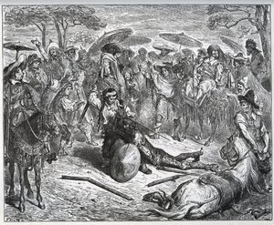 Don Quixote slått i midten av en gruppe kjøpmenn - Muldyrmakeren hadde smakt spillet - fra "Don Quixote de la Mancha"" av Miguel Cervantes av Gustave Dore
