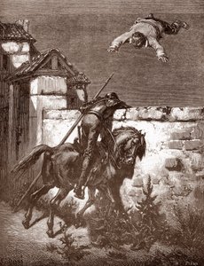 Don Quixote klarer ikke å stoppe oppskytningene til Sancho Panca som får ham til å sprette på et teppe (Don Quixotes remonstrasjoner klarer ikke å påvirke kasterne) Gravering av Gustave Dore (1832-1883) for "L'Ingenieux Hidalgo Don Quixote de la M av Gustave Dore