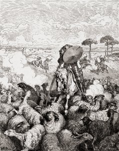 Don Quixote kjemper mot saueflokken, fra Die Gartenlaube, pub. 1905 av Gustave Dore