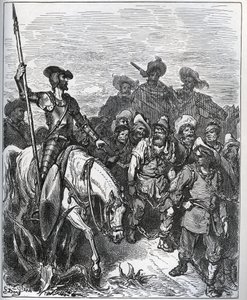 Don Quijote stiller spørsmål ved kreftene om årsakene til deres overbevisning - fra "Don Quixote de la Mancha" av Miguel Cervantes (1547-1616) (Don Quixote) - Tresnitt etter tegning av Gustave Dore av Gustave Dore