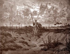 Don Quixote legger ut på eventyrene sine Gravering av Gustave Dore (1832-1883) for «L'Ingenieux Hidalgo Don Quixotte de la Manche (Quixotte - Quijote)» av Miguel de Cervantes (1547-1616) 1863 Privat samling av Gustave Dore
