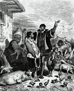 Don Quijote tok Sancho Panza fra hjemmet sitt og uttalte ham til guvernør, illustrasjon av Gustave Dore